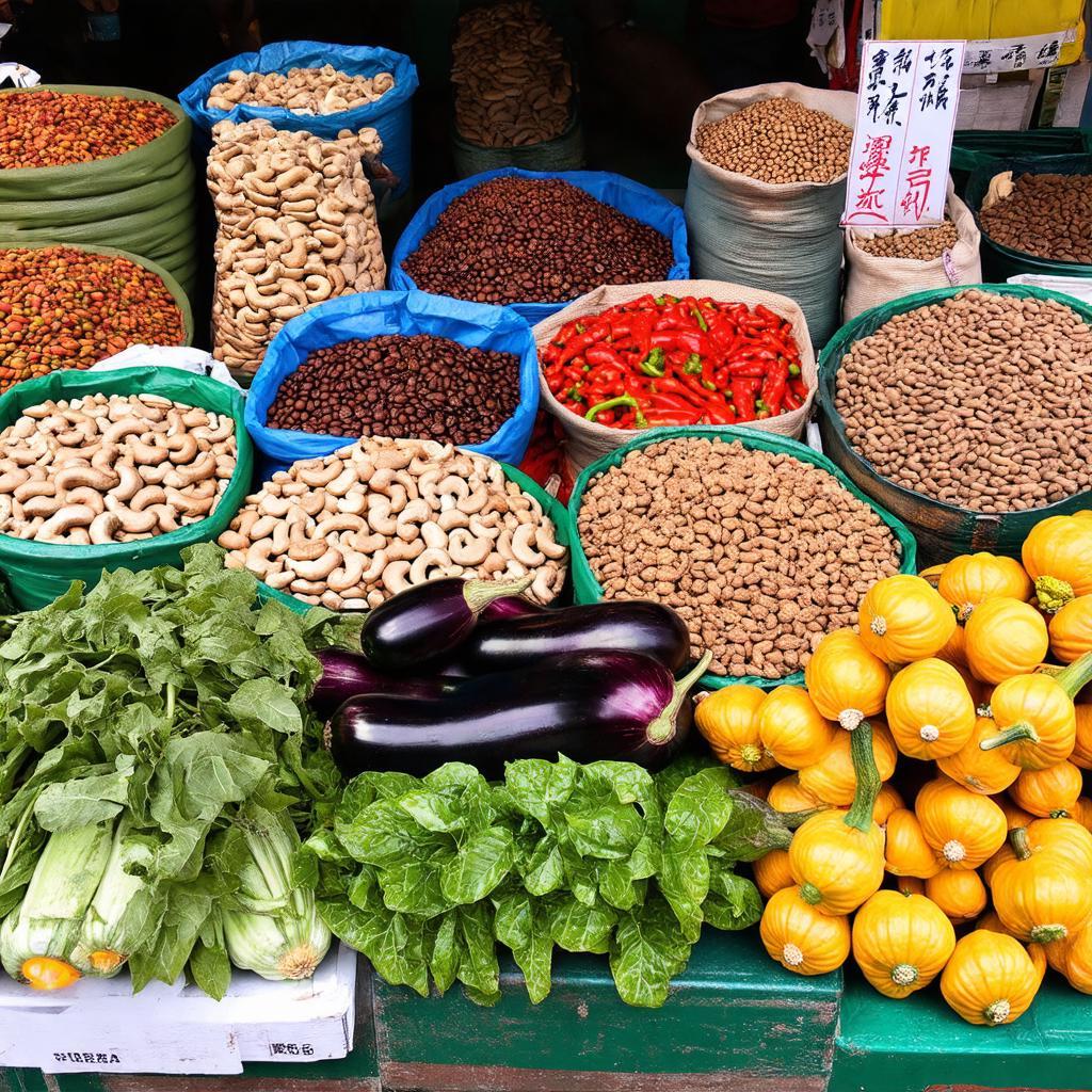 Các loại nông sản tươi ngon và đặc sản địa phương như hạt điều, tiêu, cà phê được bày bán tại chợ Thọ Sơn.